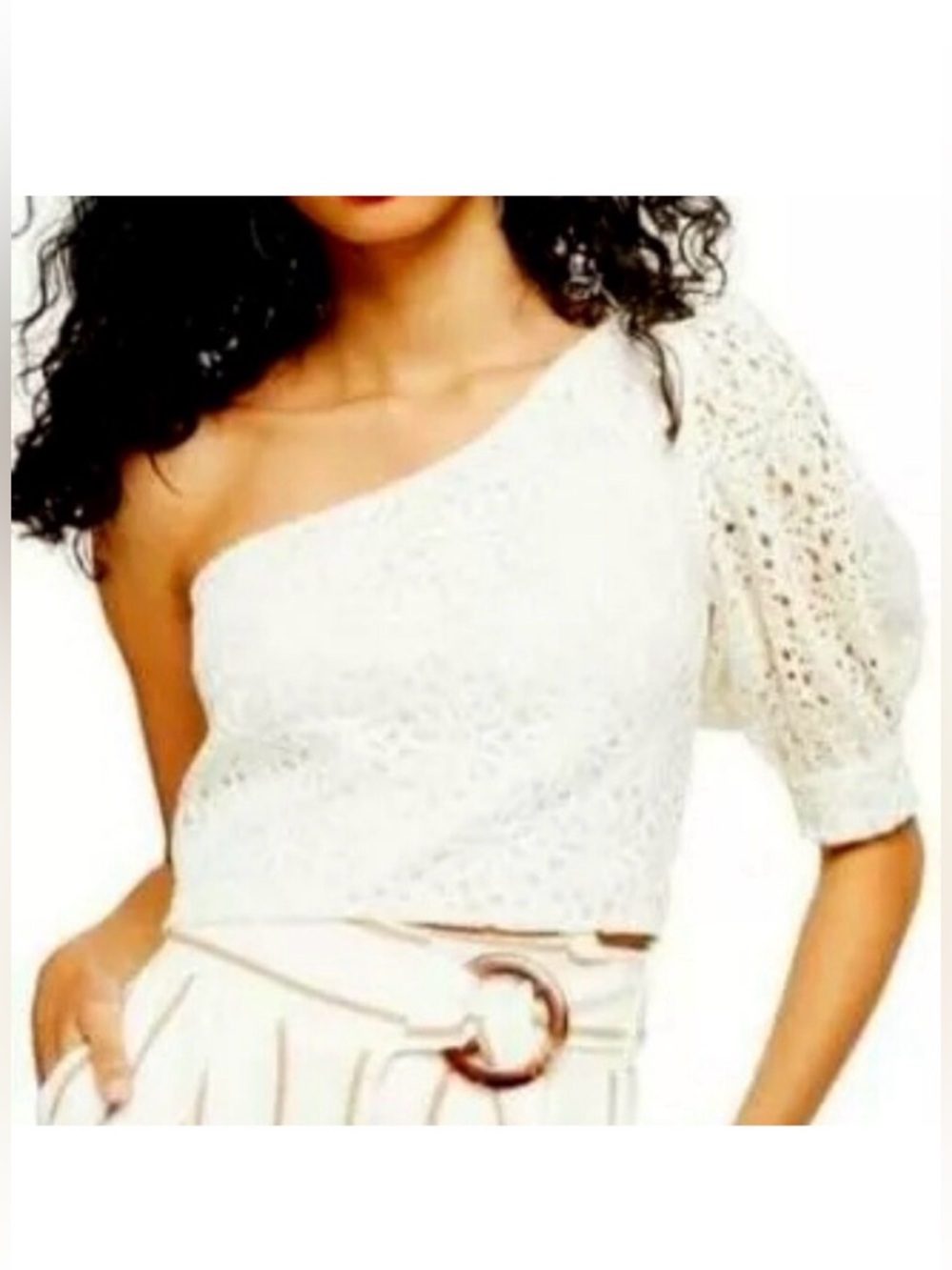 NWT TOPSHOP Boho Ivory Lace Crop Top One-Shoulder Puff Sleeve 8